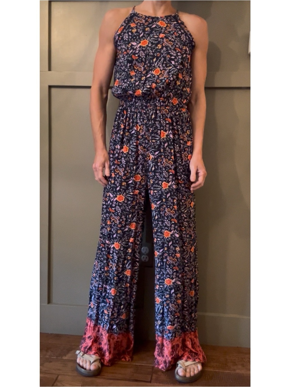 SO Floral Wide Leg Jumpsuit Sleeveless Blue Size Small